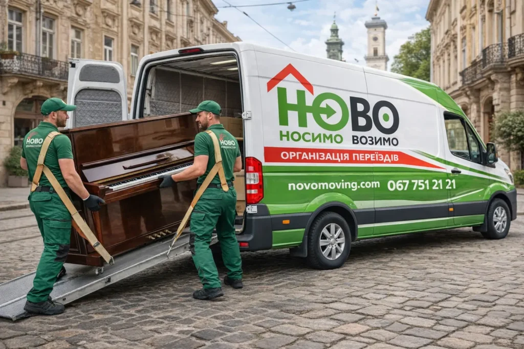 Перевезення піаніно у Львові, професійні вантажники з пасами