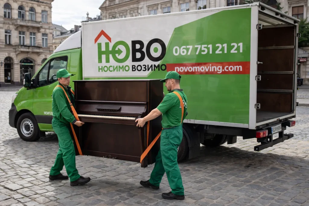 Перевезення піаніно Львів, акуратні вантажники з пасами